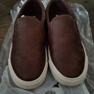 Gender-Netural Brown Leather Look Canvas Slip-On Shoes